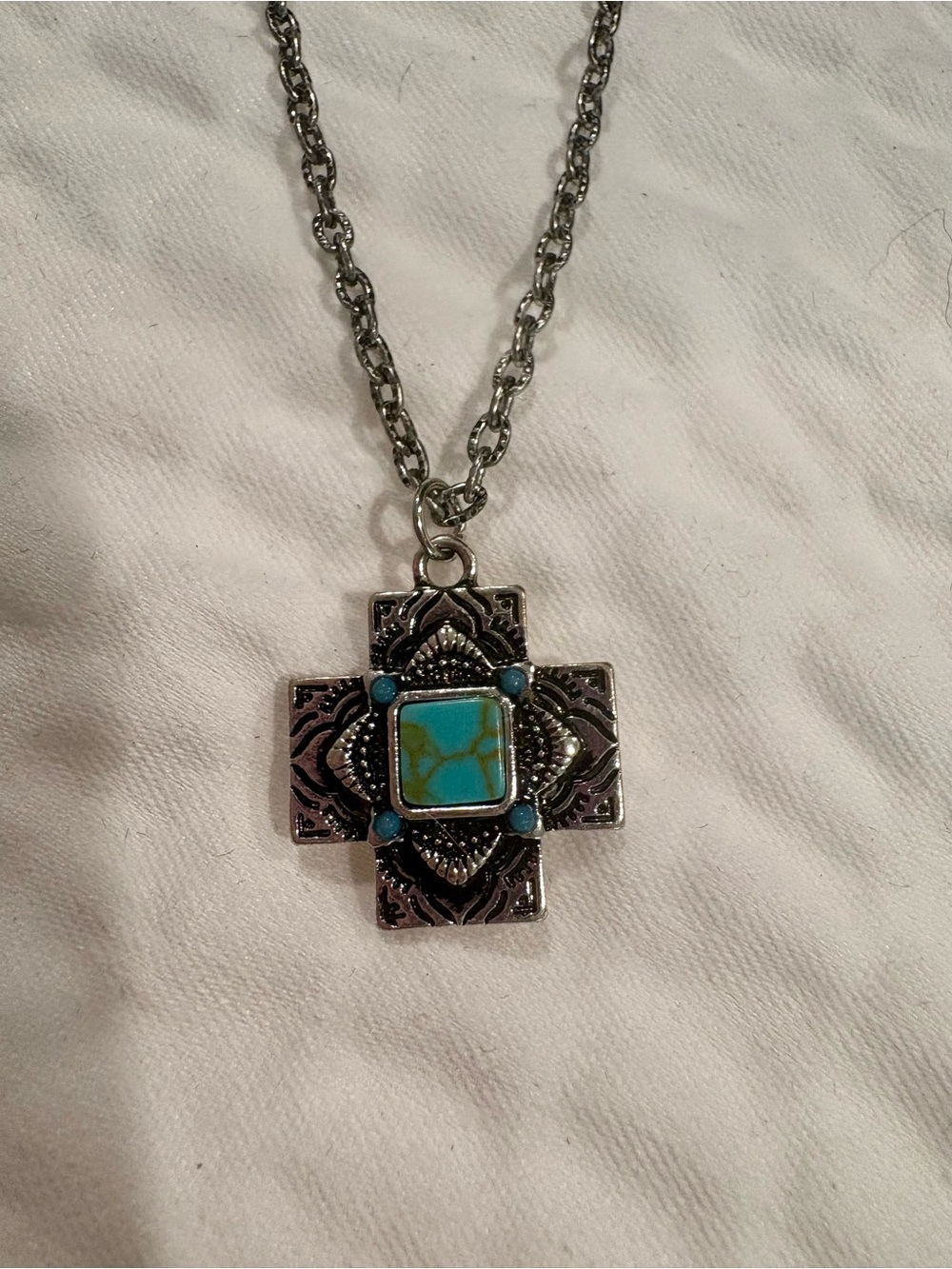 Silver-Tone Cross Pendant Necklace with Turquoise Accent